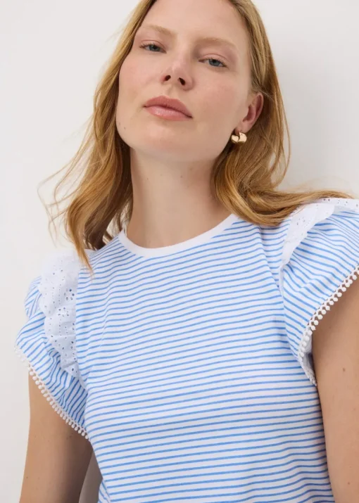 Blue Stripe Broderie Frill Sleeve T-Shirt