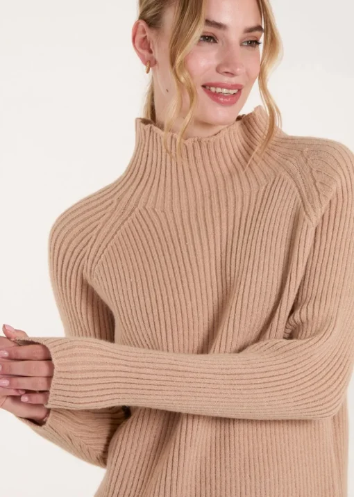 Blue Vanilla Beige Double Hem Detail High Neck Jumper