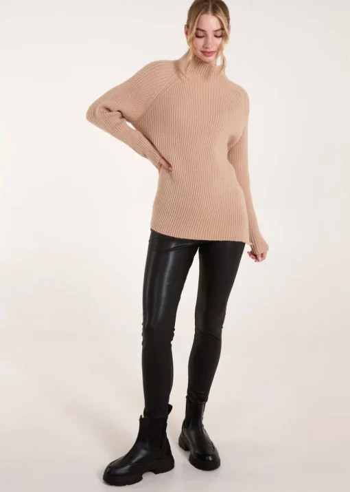 Blue Vanilla Beige Double Hem Detail High Neck Jumper