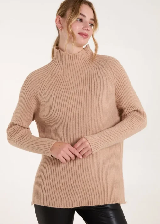 Blue Vanilla Beige Double Hem Detail High Neck Jumper