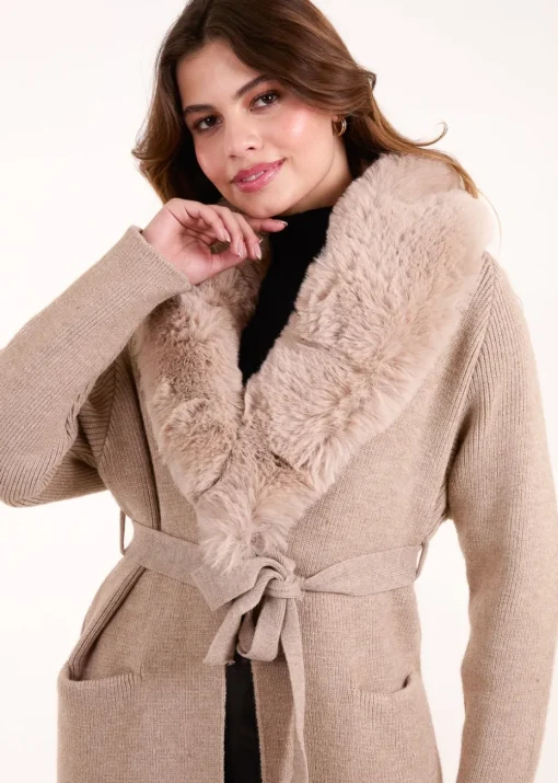 Blue Vanilla Beige Faux Fur Collar Two Pocket Cardigan