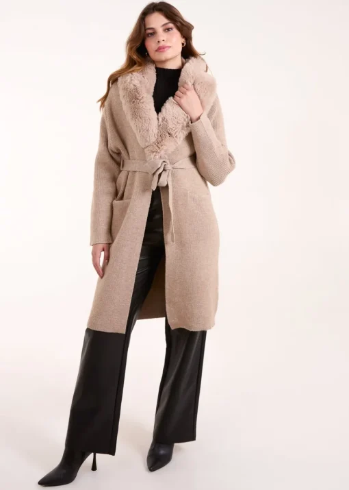 Blue Vanilla Beige Faux Fur Collar Two Pocket Cardigan