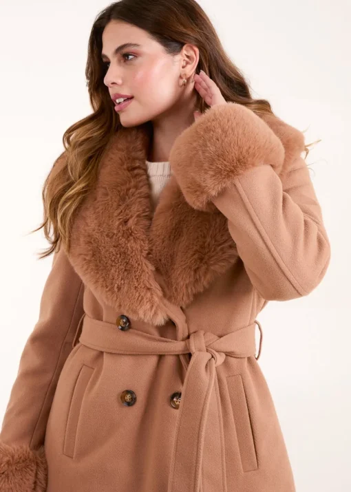 Blue Vanilla Beige Faux Fur Belted Coat