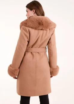 Blue Vanilla Beige Faux Fur Belted Coat