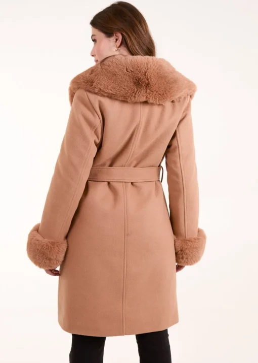 Blue Vanilla Beige Faux Fur Belted Coat