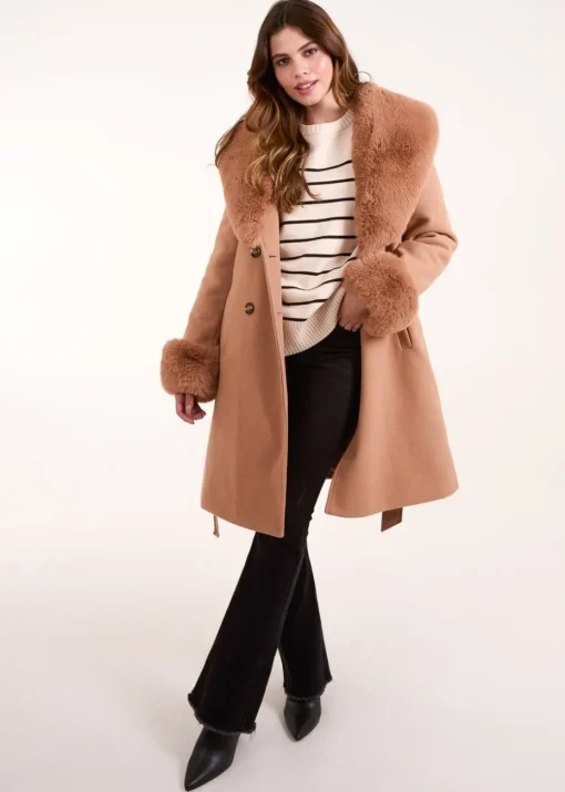 Blue Vanilla Beige Faux Fur Belted Coat