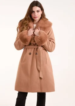 Blue Vanilla Beige Faux Fur Belted Coat
