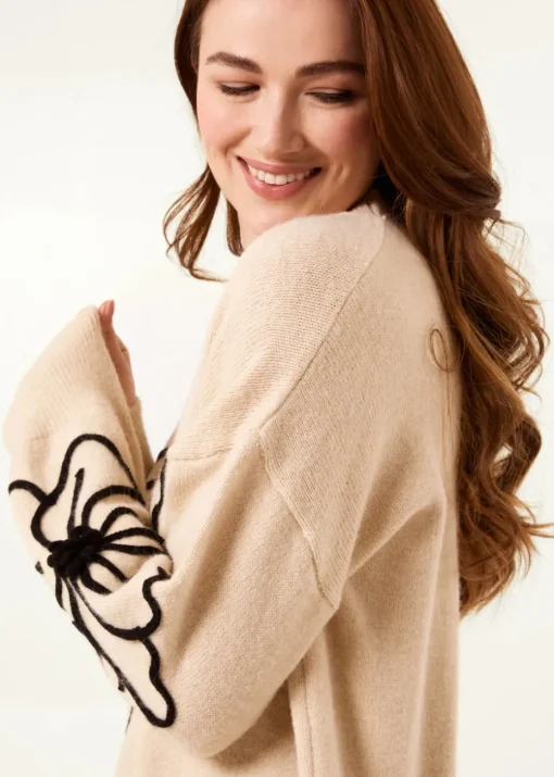 Blue Vanilla Beige Large Flower Embroidery Jumper