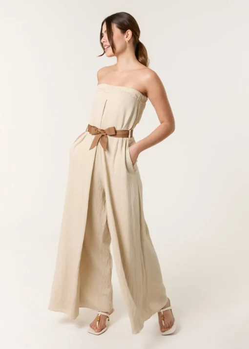 Blue Vanilla Beige Linen Belted Wide Bandeau Jumpsuit