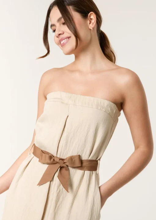 Blue Vanilla Beige Linen Belted Wide Bandeau Jumpsuit