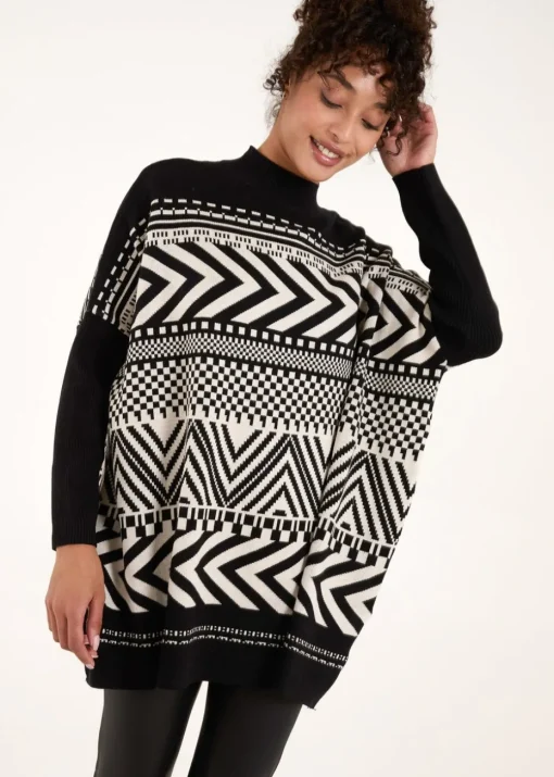 Blue Vanilla Black Abstract Print Round Neck Jumper