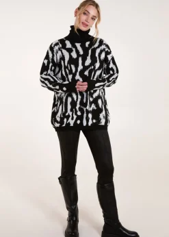 Blue Vanilla Black Abstract Animal Roll Neck Jumper
