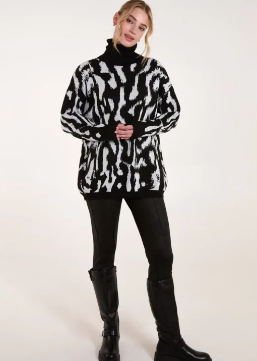 Blue Vanilla Black Abstract Animal Roll Neck Jumper