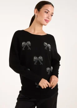 Blue Vanilla Black Embellished Bows Knitted Jumper