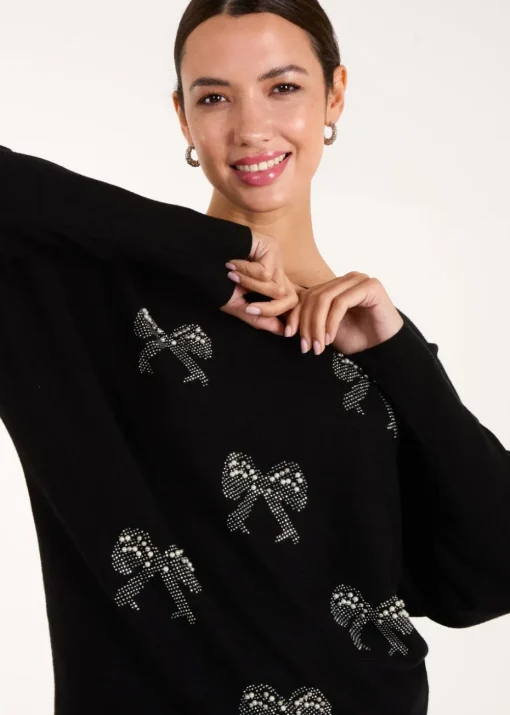Blue Vanilla Black Embellished Bows Knitted Jumper
