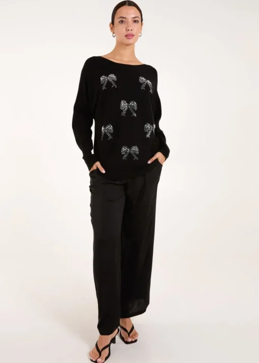 Blue Vanilla Black Embellished Bows Knitted Jumper