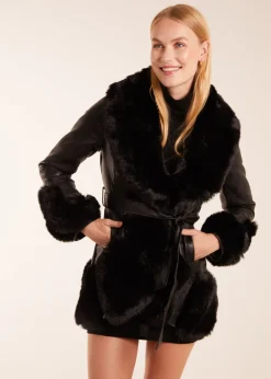 Blue Vanilla Black Faux Fur Collar PU Belted Coat