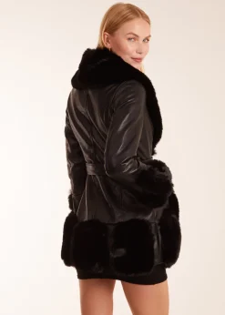 Blue Vanilla Black Faux Fur Collar PU Belted Coat