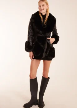Blue Vanilla Black Faux Fur Collar PU Belted Coat