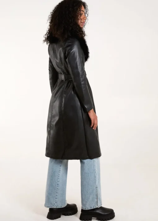 Blue Vanilla Black Faux Fur Longline Coat