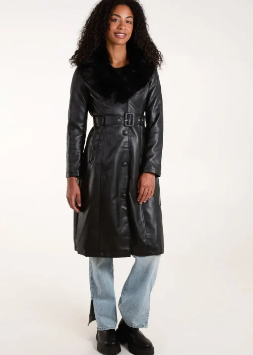 Blue Vanilla Black Faux Fur Longline Coat