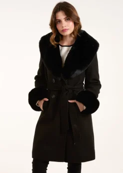 Blue Vanilla Black Faux Fur Belted Coat