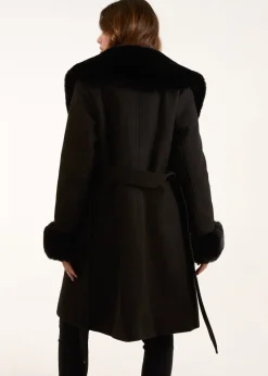 Blue Vanilla Black Faux Fur Belted Coat