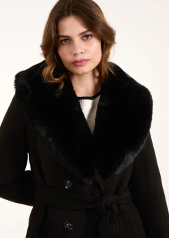 Blue Vanilla Black Faux Fur Belted Coat
