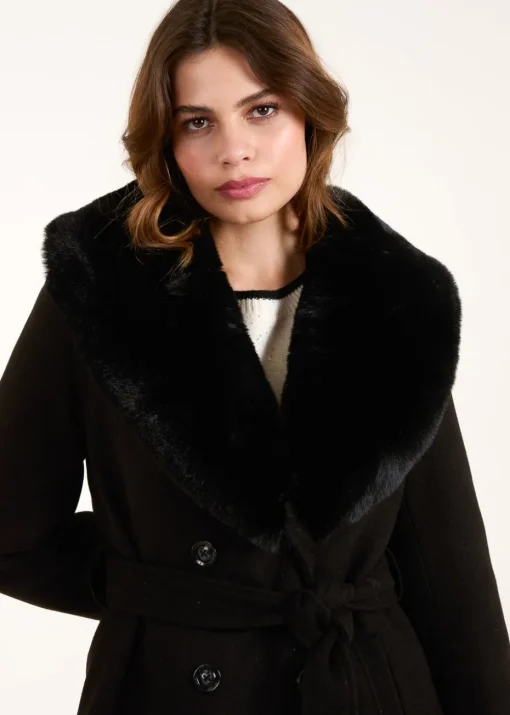 Blue Vanilla Black Faux Fur Belted Coat
