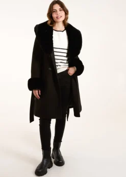 Blue Vanilla Black Faux Fur Belted Coat