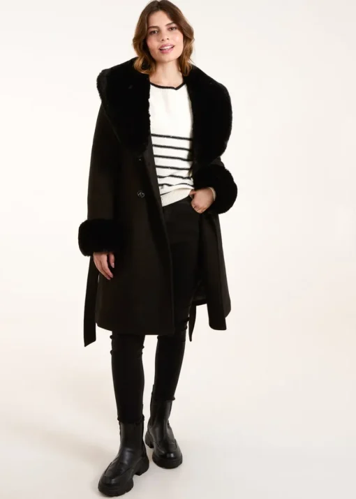 Blue Vanilla Black Faux Fur Belted Coat