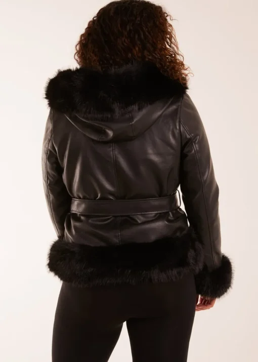 Blue Vanilla Black Faux Fur Cropped Leather Look Jacket