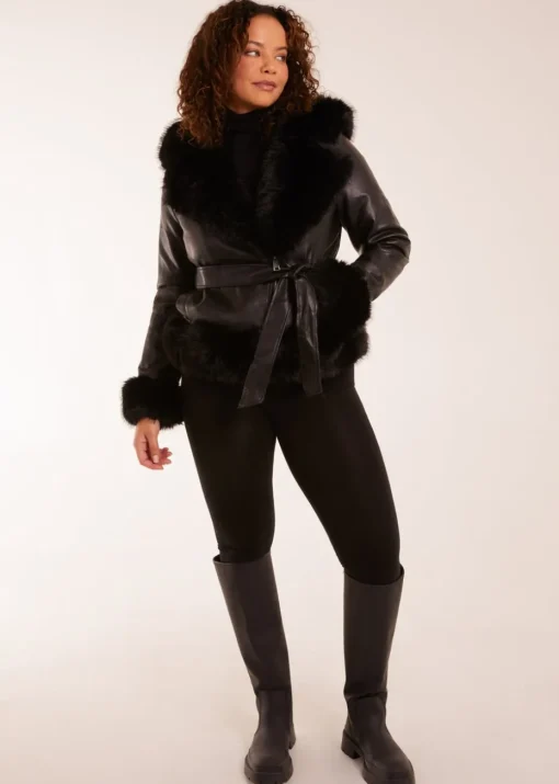 Blue Vanilla Black Faux Fur Cropped Leather Look Jacket