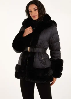 Blue Vanilla Black Fur Trim Belted Puffer Coat