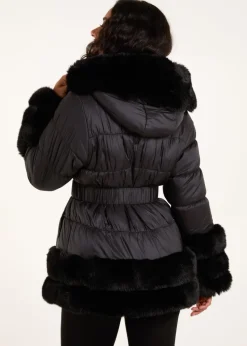 Blue Vanilla Black Fur Trim Belted Puffer Coat