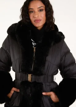 Blue Vanilla Black Fur Trim Belted Puffer Coat