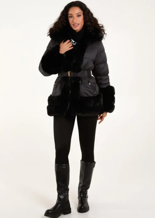 Blue Vanilla Black Fur Trim Belted Puffer Coat