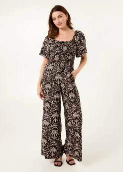 Blue Vanilla Black Palm Tree Print Square Neck Shirred Jumpsuit