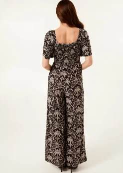 Blue Vanilla Black Palm Tree Print Square Neck Shirred Jumpsuit