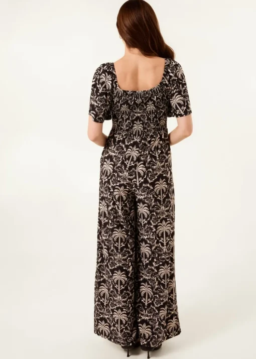 Blue Vanilla Black Palm Tree Print Square Neck Shirred Jumpsuit