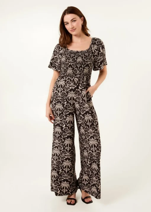 Blue Vanilla Black Palm Tree Print Square Neck Shirred Jumpsuit
