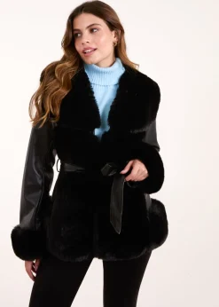 Blue Vanilla Black Panel Fur PU Belted Coat