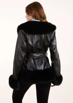 Blue Vanilla Black Panel Fur PU Belted Coat