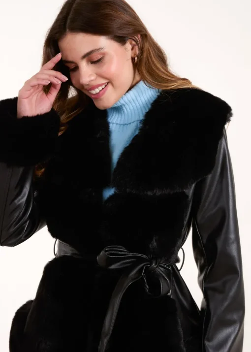 Blue Vanilla Black Panel Fur PU Belted Coat