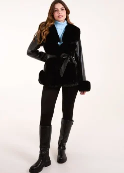 Blue Vanilla Black Panel Fur PU Belted Coat