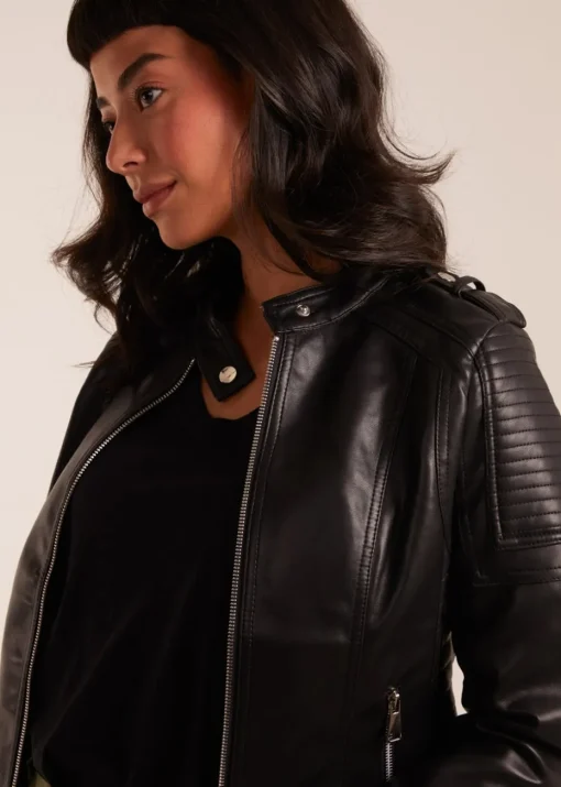 Blue Vanilla Black PU Leather Zip Through Biker Jacket
