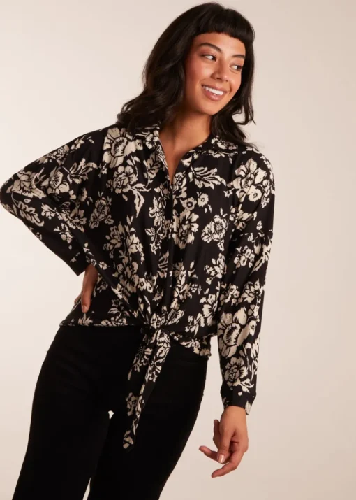 Blue Vanilla Black Tie Front Oversized Shirt