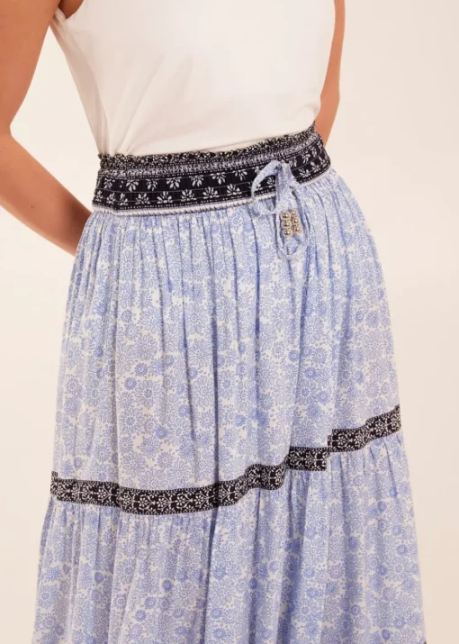 Blue Vanilla Blue Contrast Printed Tiered Skirt