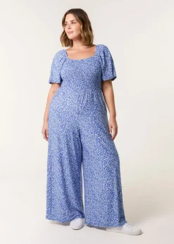 Blue Vanilla Blue Curve Square Neck Shirred Jumpsuit
