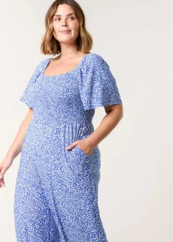 Blue Vanilla Blue Curve Square Neck Shirred Jumpsuit